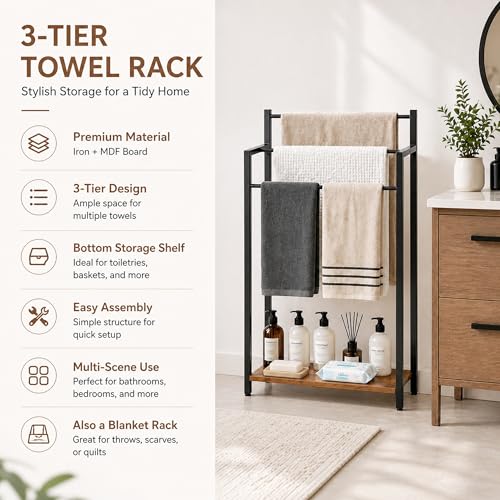 16.9" W Freestanding Towel Rack with Rustic Brown Wood Shelf - Image 6