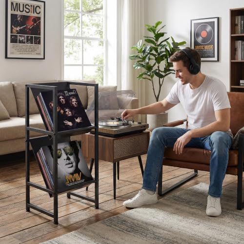 2-Tier Black Metal Vinyl Record Storage Holder for Collection - Image 3