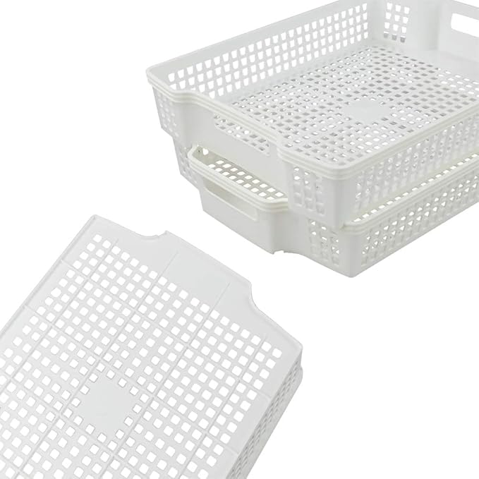 6-Pack Stacking Plastic Storage Baskets, White Paper Storage Basket Tray
