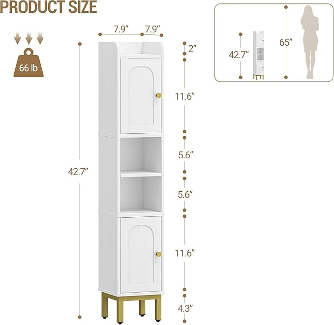 Slim Bathroom Storage Cabinet, Narrow Bathroom Organizers and Storage with 4 Adjustable Feet, Laundry Room Organization for Small Space, Kitchen, Living Room, 2 Doors White BC22413G