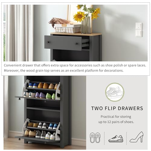 Functional Entryway Organizer with 2 Flip Drawers, Wood Grain - Image 6