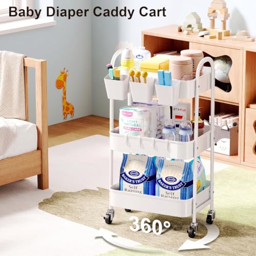 3 Tier Heavy Duty White Metal Rolling Cart with Lockable Wheels - Image 3
