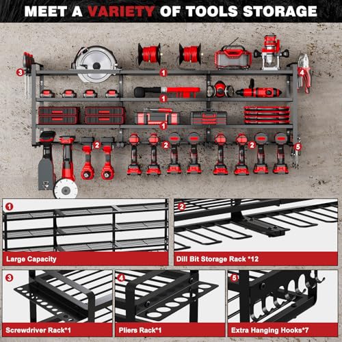 Power Tool Organizer Wall Mount, 48-Inch 12 Drill Holders, Black - Image 4