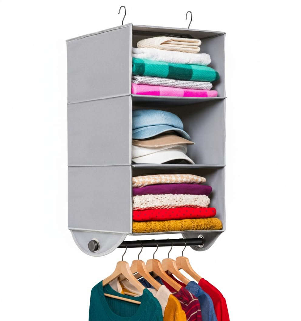 HOLDN’ STORAGE Hanging Closet Organizer with Garment Rod, 3-Shelf - Image 1