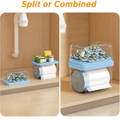 2-in-1 Trash Bag Holder Laundry & Dishwasher Pods Container,Garbage Bag Dispenser with Removable Lids,Kitchen Organizer and Under Sink Storage Box (Blue)