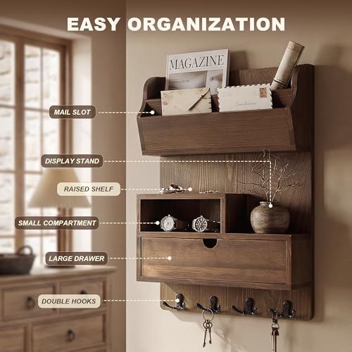 Pine Wood Key Holder Wall Mount with Drawer & 4 Hooks, Brown - Image 5