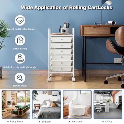 Rolling Storage Cart with Drawers 6-Tier Lock Wheels Office White - Image 7
