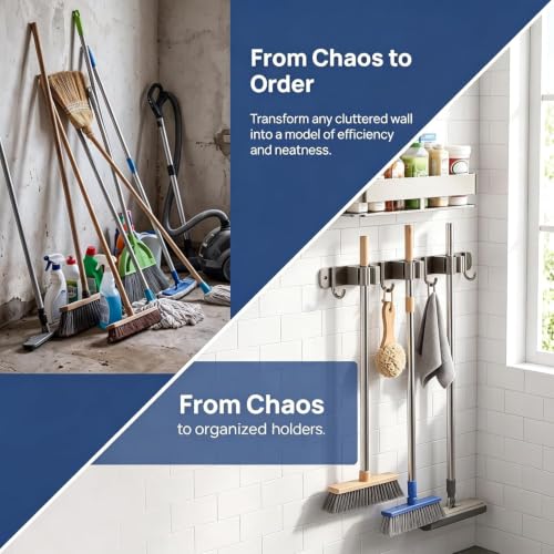 Broom Holder Wall Mount, Heavy Duty Mop Organizer with Shelf - Image 4