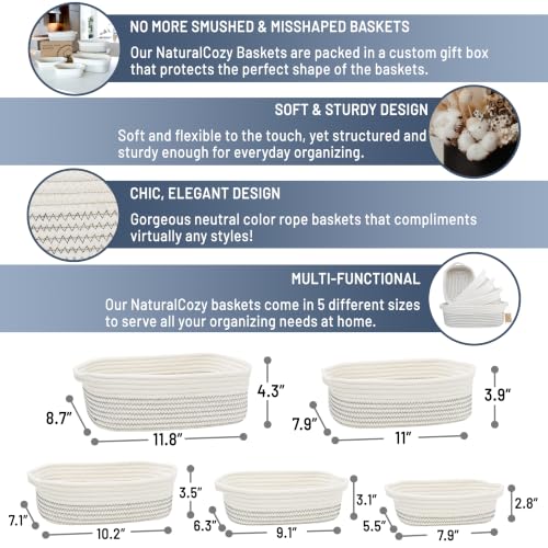 NaturalCozy 5-Piece Rectangle Storage Basket Set- Natural Cotton - Image 3