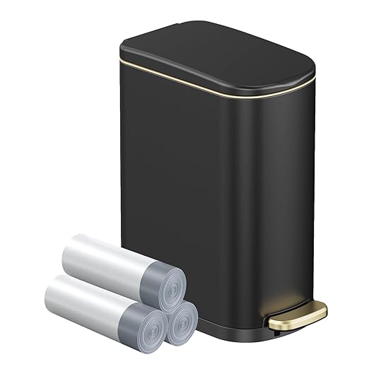 2.6 Gal Bathroom Trash Can with Soft Close Stay Open Lid, Small Rectangular 10L Stainless Steel Waste bin for Narrow Space, Waterproof, Odor Protection, Matte Black