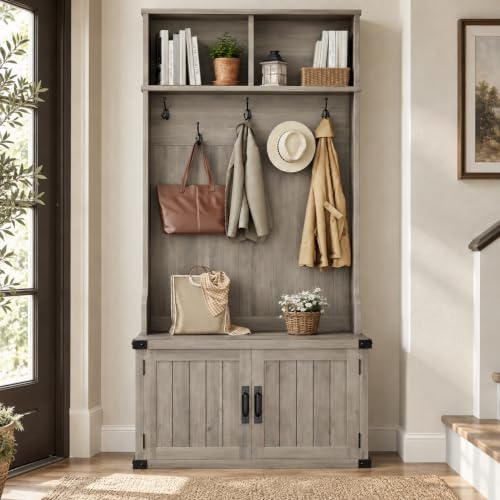 39.4" Hall Tree with Bench and Shoe Storage, Gray - Image 2