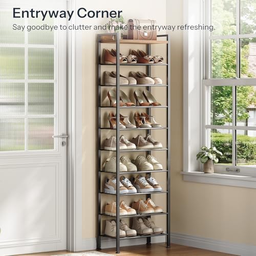 HOOBRO 10 Tier Shoe Rack Organizer with Wooden Top, Narrow Shoe - Image 4