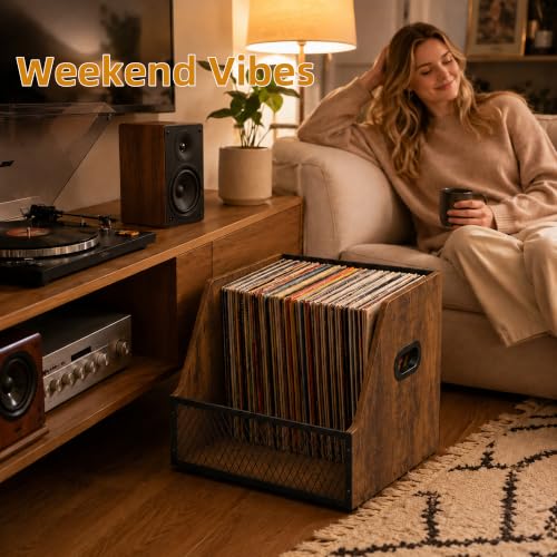 Vinyl Record Storage Crate for 60+ Records, Wooden Record Holder - Image 3