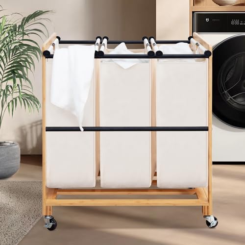 3-Section Laundry Sorter with Bamboo Frame, Rolling - Image 2
