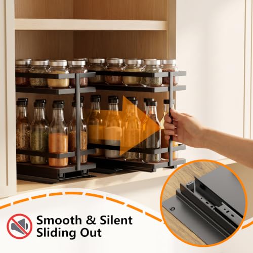 Pull Out Spice Rack 2Pcs Metal & Wood Seasoning Organizer Black - Image 4