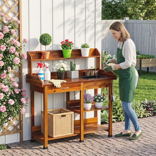 FDW Outdoor Potting Bench Table with Sink & Drawer | Home Organization - Image 5