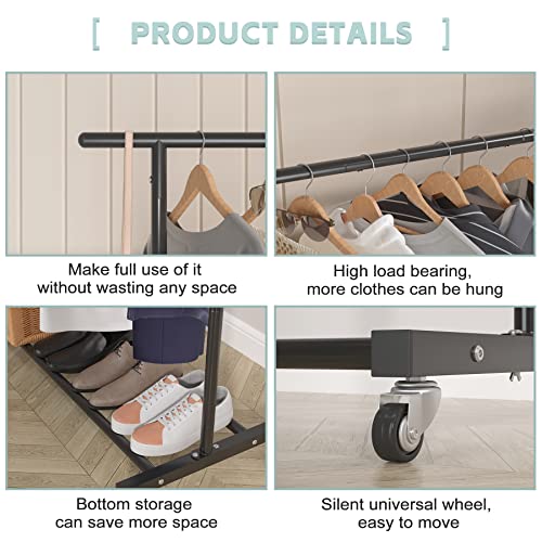Sywhitta Double Rod Metal Clothing Garment Rack on Wheels, Black - Image 6