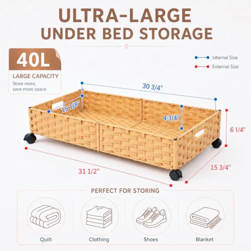 Foldable Under Bed Storage with Wheels, Rolling Wicker 2 - Image 3