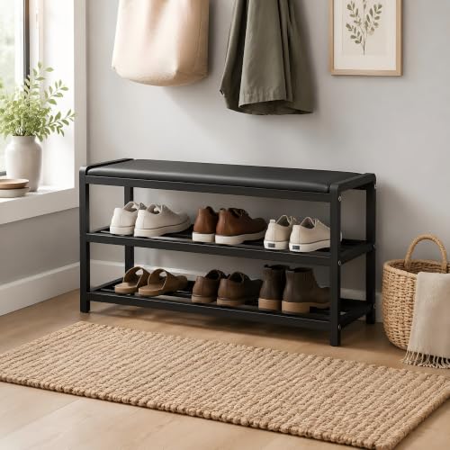 Stainless‑Steel Padded Shoe Rack Bench, Entryway Storage - Image 2