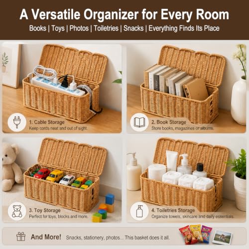 Cable Management Box, Handmade Scalloped Rattan Cable Organizer - Image 8