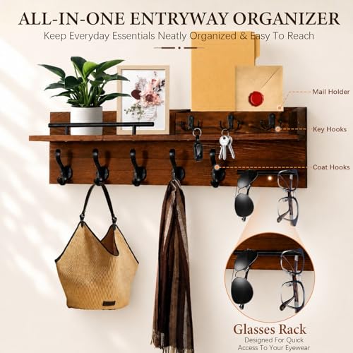 Wall Mount Wooden Coat Rack with Shelf, Entryway Key Hook - Image 6