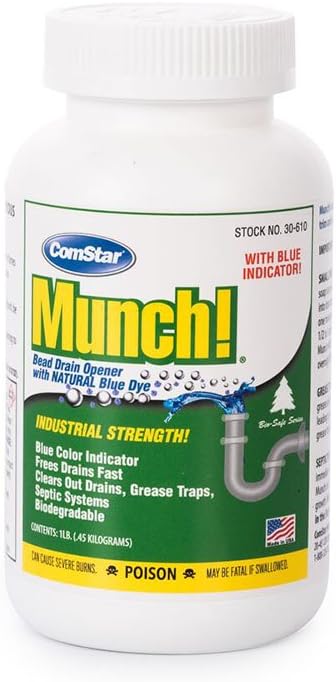 ComStar Munch, 1 Pound Industrial-Strength Bead Drain Opener with Blue Dye & Aluminum Chips, Clear Clogged & Slow Drains, Grease Traps, Septic Systems, Made in USA (30-610)