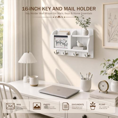 Key Holder Wall Mount with Mail Organizer for Entryway, White - Image 4