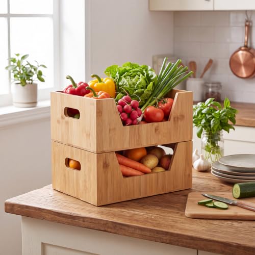2 Pcs Stackable Bamboo Pantry Storage Bins for Kitchen Storage - Image 3