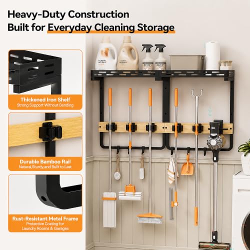 Mop and Broom Holder Wall Mount with Railing Shelf,3-in-1 - Image 6