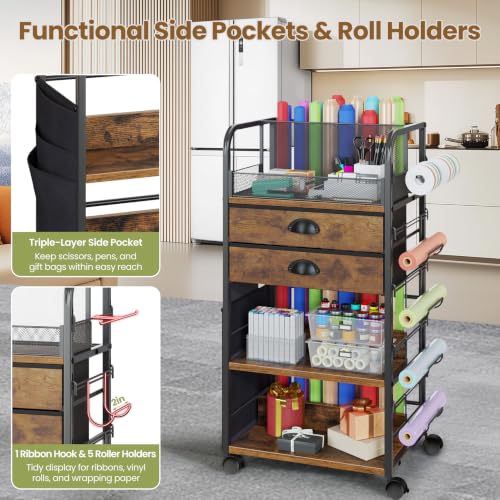 Wrapping Paper Storage Cart with 2 Fabric Drawers, Side - Image 6
