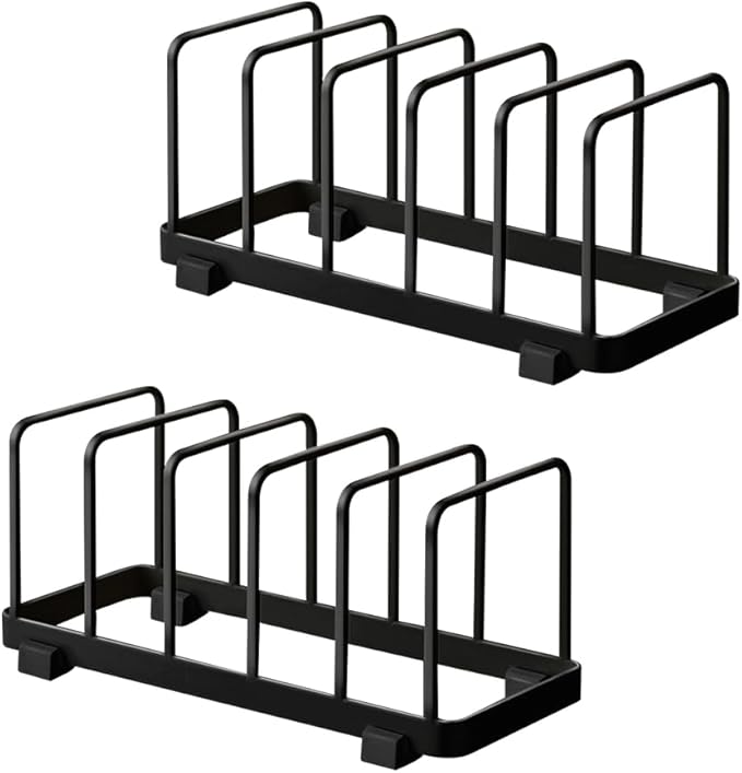 2 Pack Metal Dish Plate Storage Rack Kitchen Storage Cabinet Organizer Pot Lid Holder Multifunctional Dying Display Rack for Pad Pans Pots, Bakeware, Trays, Cutting Boards (Black)
