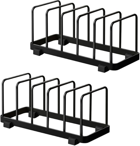 2 Pack Metal Dish Plate Storage Rack Kitchen Storage Cabinet Organizer Pot Lid Holder Multifunctional Dying Display Rack for Pad Pans Pots, Bakeware, Trays, Cutting Boards (Black)