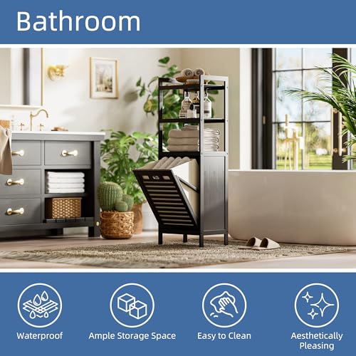 HITNET Tilt Out Laundry Hamper, Bamboo Bathroom Cabinet with Pull - Image 5