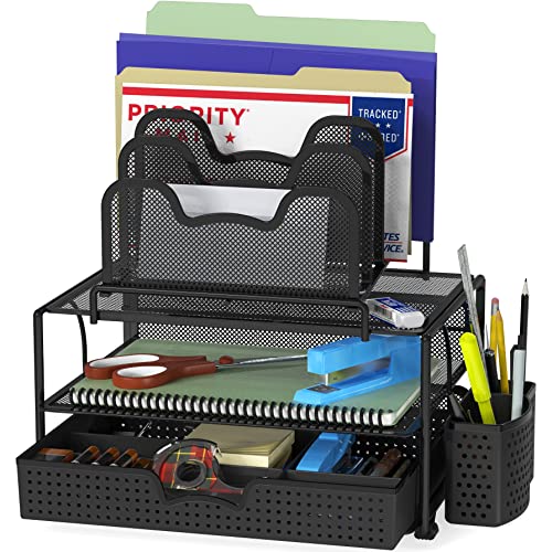 Simple Houseware Mesh Desk Organizer with Sliding Drawer, Black - Image 2