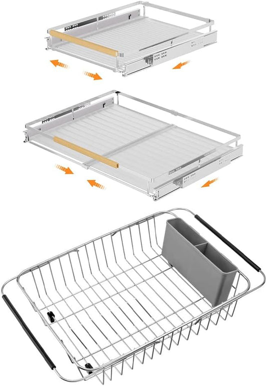 SANNO Expandable Pull Out Cabinet Shelf, Under Sink Slide Out Organizer, Pots Pans Kitchen Organizer Basket Expandable Dish Drying Rack,Stainless Steel Dish Rack Dish Drainer Rack