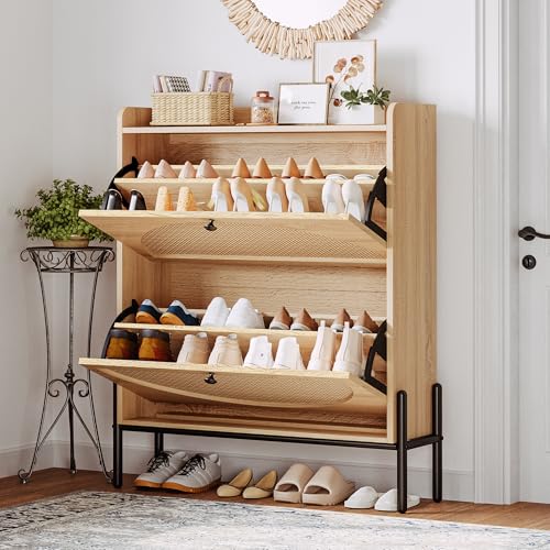 IRONCK Rattan Shoe Cabinet Storage with 2 Flip Drawers, Oak - Image 3
