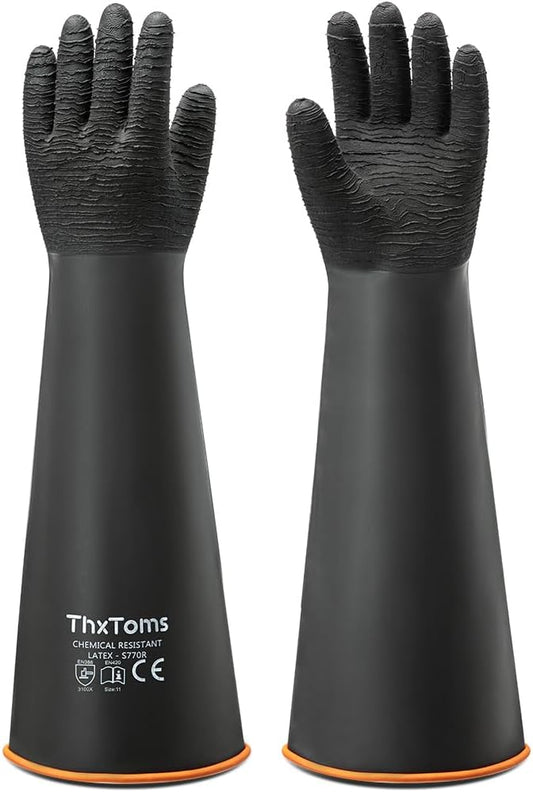 ThxToms Heavy Duty Rubber Gloves, Industrial Chemical Resistant Gloves Waterproof Reusable Protective Work Gloves for Cleaning, Dishwashing,Upgraded with Non-Slip Design, Black, 22" 1 Pair
