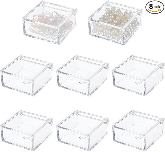 BENECREAT 8Pcs Clear Acrylic Box with Hinged Lid, 2.36x2.36x1.18 Inch Multi-Purpose Square Container Small Storage Box for Staples, Adhesive Tape, Paper Clips, Stamps, Sticky Notes