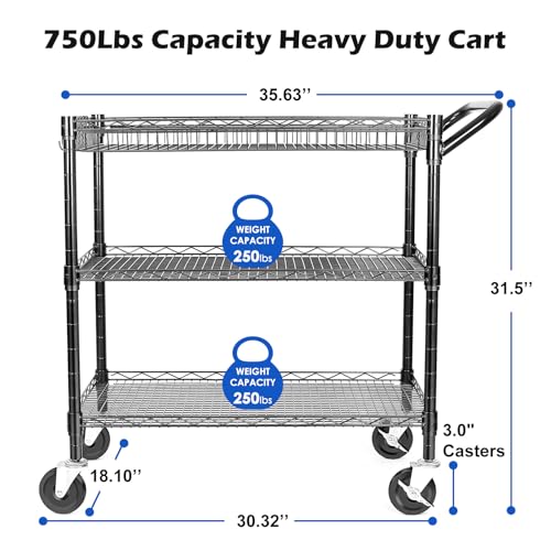 WDT Heavy Duty 3 Tier Utility Cart,Wire Rolling Cart with Wheels - Image 5