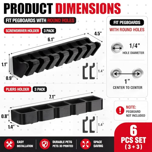 6 Pcs Pegboard Screwdriver Holder and Pliers Organizer Set, Black - Image 4