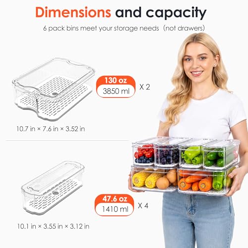 SMRCAD 6 Pack Clear Fridge Organizer Bins with Drain Trays - Image 7