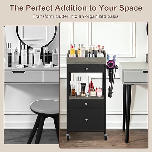 Makeup Organizer Cart, 3 Drawers, Rolling Storage, Black & Gray - Image 7