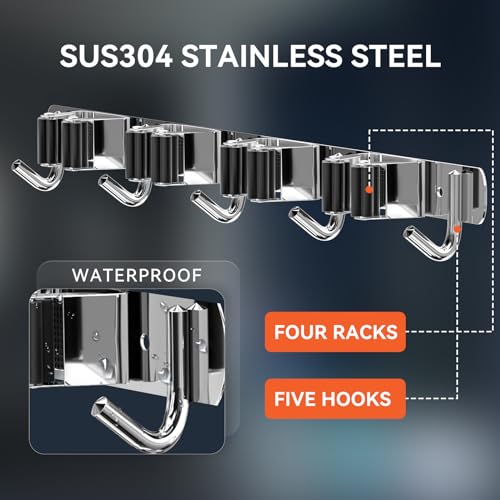 2 Pack Mop Broom Holder Wall Mount 4 Racks 5 Hooks Storage Silver - Image 3