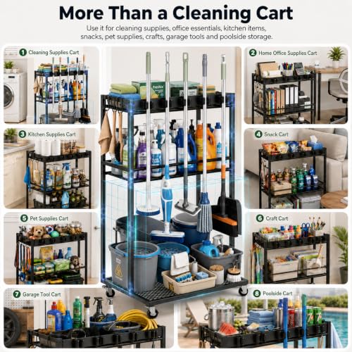 Cleaning Supplies Organizer Cart with Wheels, Broom and Mop - Image 7