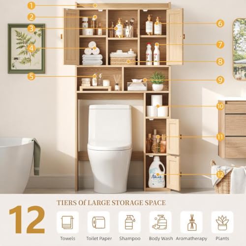 Fluted Over The Toilet Storage Cabinet with 4 Doors, Natural Oak - Image 6