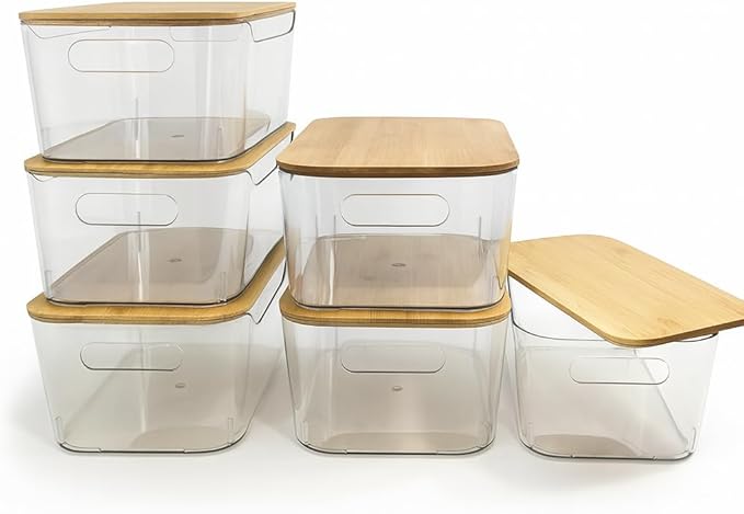 6 Pack Clear Storage Bins with Bamboo Lids, Stackable Organization and Storage Containers with Handle for Pantry, Cabinet, Closet, Fridge, Bathroom, Organizer Bins for Home & Kitchen