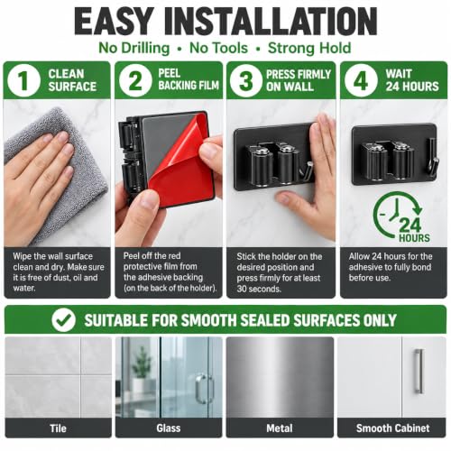 Broom Holder Wall Mount Self Adhesive 5 Pack, Matte Black - Image 7