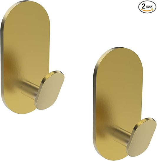 Adhesive Towel Hooks for Bathrooms 2 Pack Brushed Gold Stainless Steel and Zinc Alloy Sticky Wall Hooks for Hanging Heavy Duty Self Adhesive Robe Shower Hanger for Kitchen, Closet, Cabinet, Door