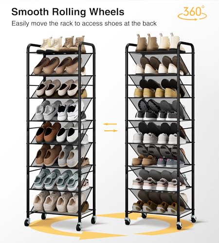 Double-Sided Narrow Shoe Rack with Lockable Wheels, 8-Tier - Image 4