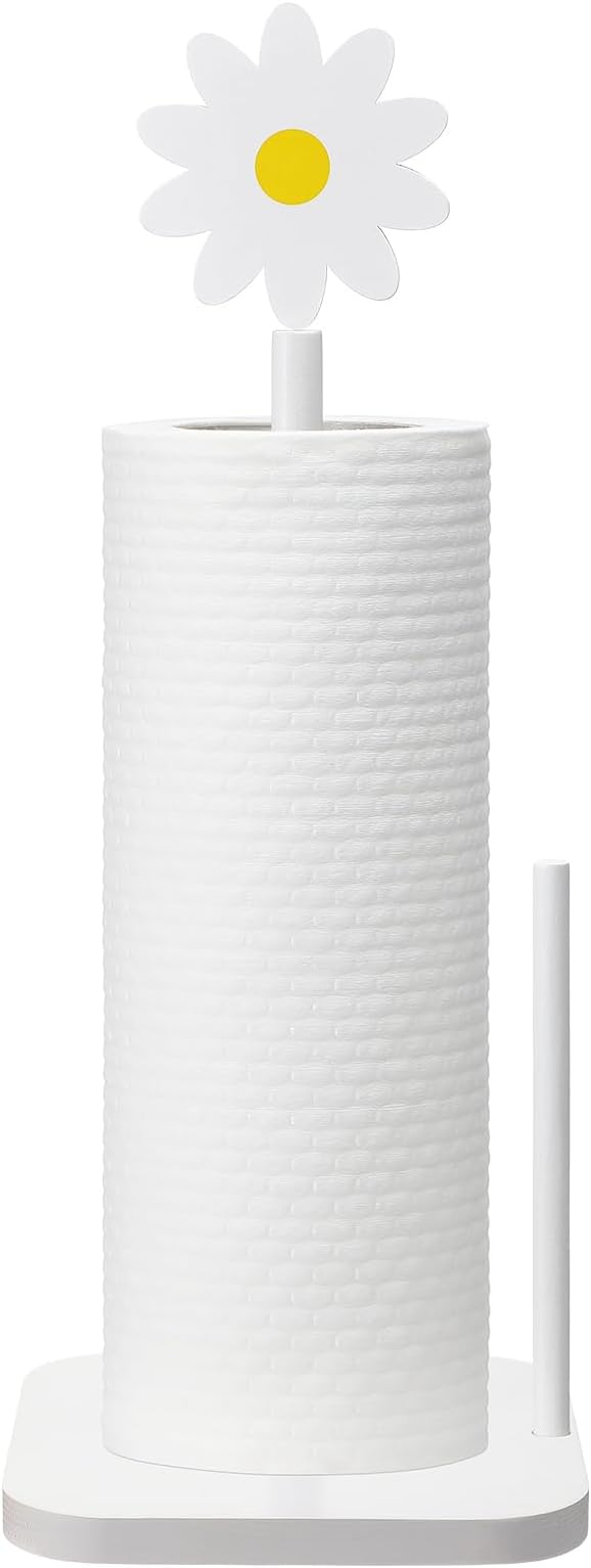 Leinuosen White Daisy Paper Towel Holder Coquettish Cute Wooden Daisy Kitchen Paper Towel Holder Bathroom Countertop Accessories Kitchen Roll Stand Organizer Standing Apartment Decor Housewarming Gift